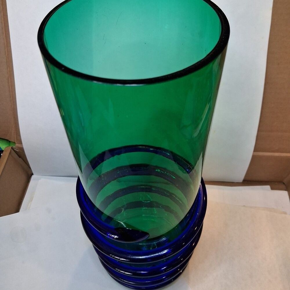Crack Vintage MCM Style Taiwan 4 X 12 In Vase Green Glass Blue Wrap Crack